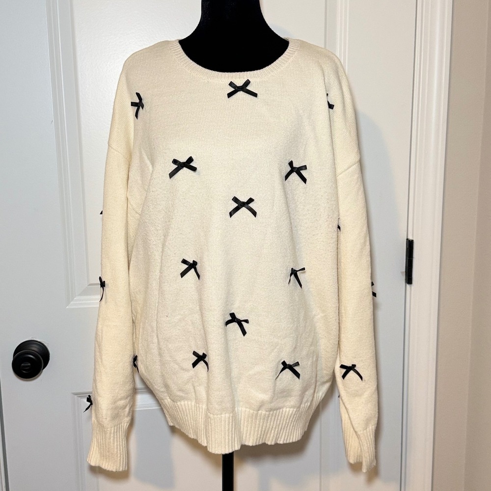 Edikted Cream Satin Bow Knit Oversized Sweater Women Size Large Coquette
